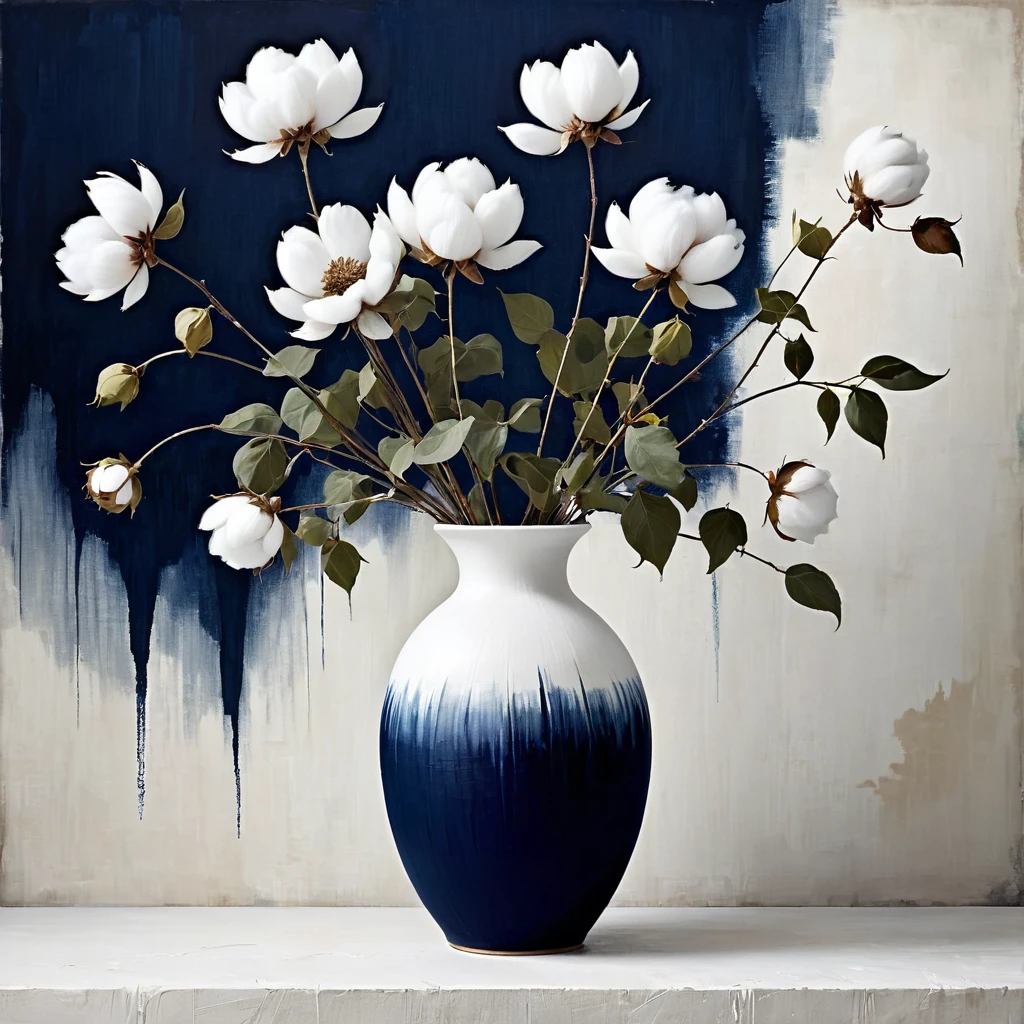 Abstract Floral still life style, vase with this cotton, white and dark navy blue, rough pastoral, intentional canvas, by Catrin Walz-Stein