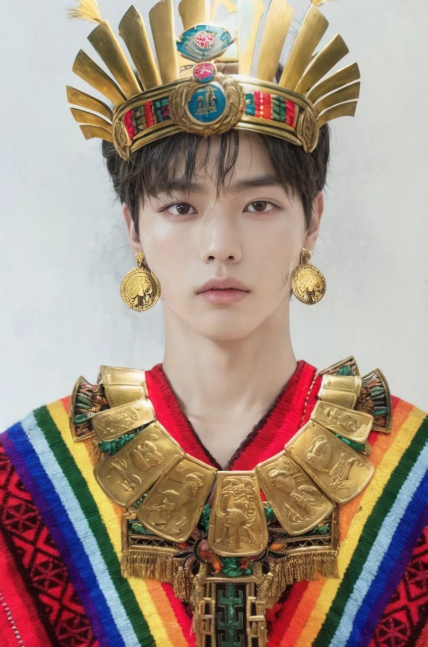 Hyunjun hur actor and kpop idol more realism in hair and clothing hair orange, Peru, inca Create a representation of an inca sitting on his throne, surrounded by riches and tributes. Imagine an Inca warrior leading his army into battle. Design a detailed portrait of an Inca dressed in his best outfits and jewelry. Draw an illustration of an Inca participating in a sacred ritual at a temple. Create an image of an Inca walking through the gardens of Machu Picchu, contemplating the majesty of the citadel. Design a mural that represents the daily life of the Incas in their empire. Imagine an Inca hunting in the Andes, surrounded by mountainous landscapes. Draw an illustration of an Inca celebrating a traditional festival with his people. Create an artistic representation of an Inca receiving tribute from different regions of the empire. Design a scene of an Inca consulting a shaman to make important decisions.