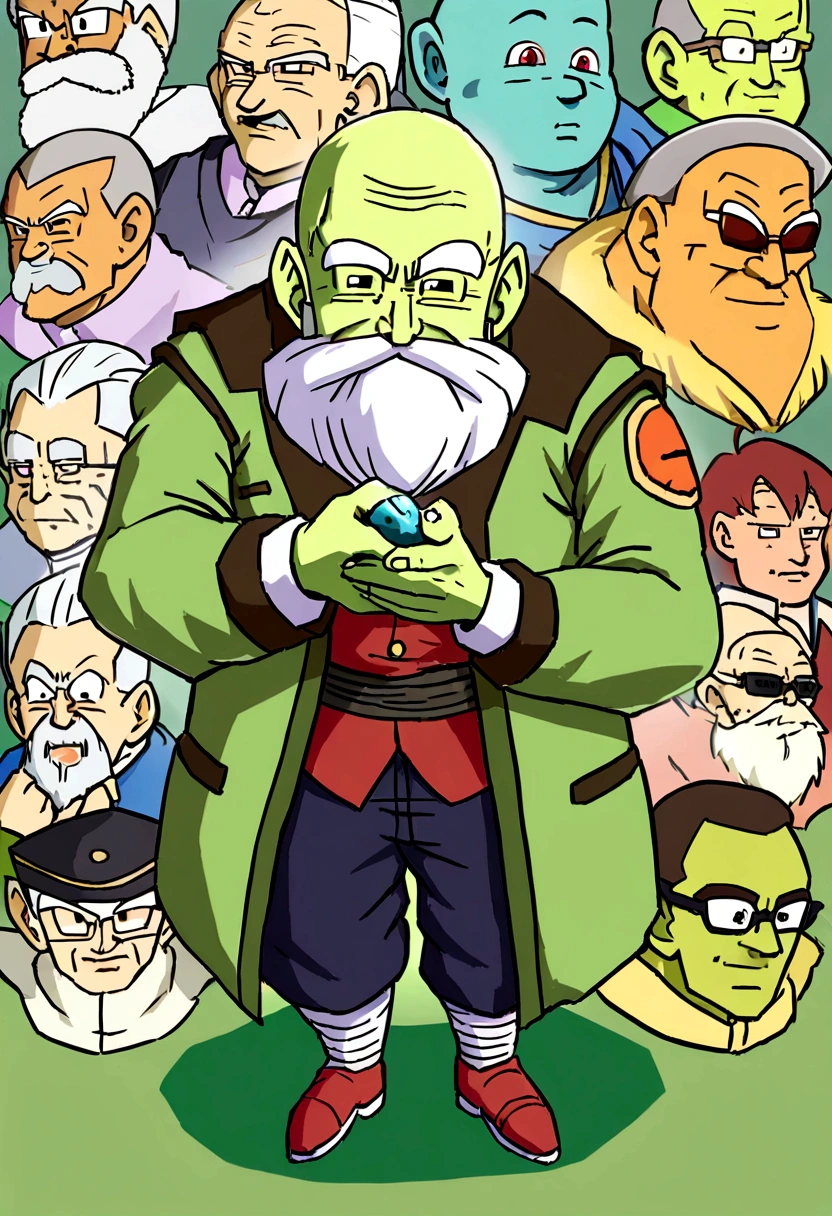 Um Namekusejin de serie Dragon Ball, Namekian Race, older, senior citizen, greenskin, we are together, small, only him, with stones in hand, old man's clothing