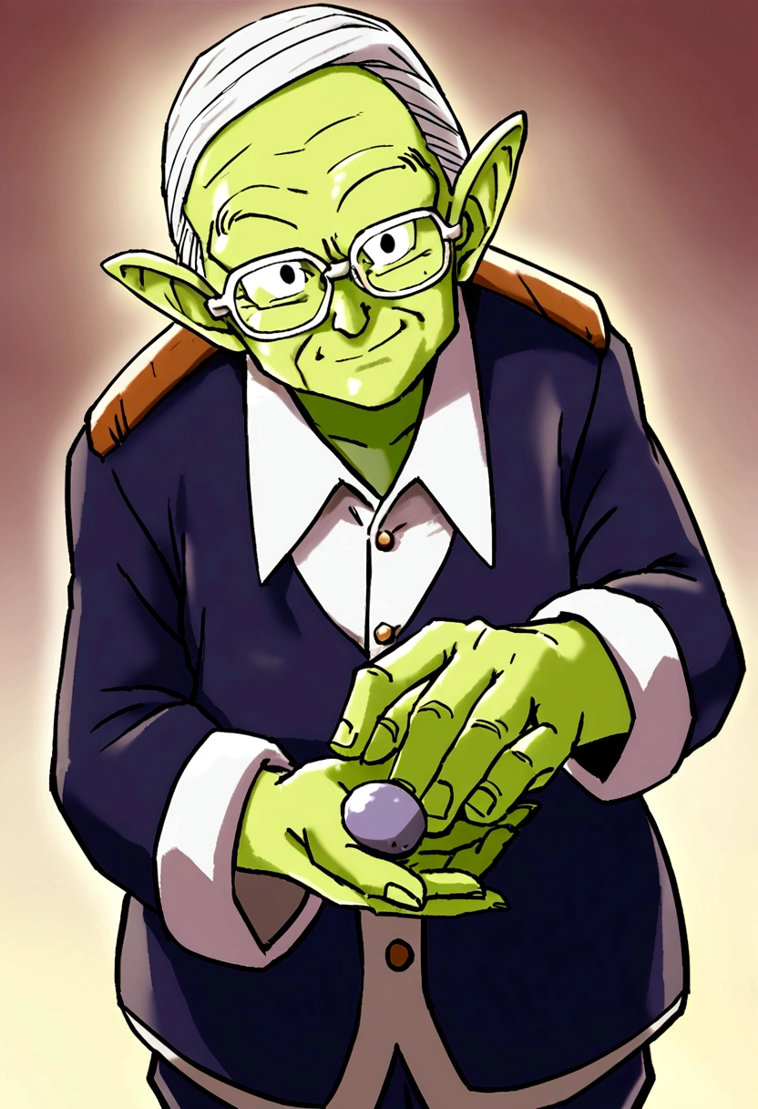 Um Namekusejin de serie Dragon Ball, Namekian Race, older, senior citizen, greenskin, we are together, small, only him, with stones in hand, old man's clothing