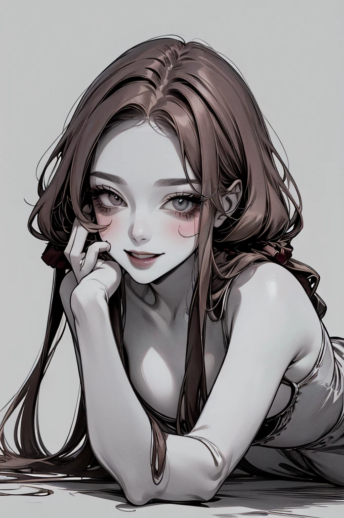Top quality, (background detailed), vacant eyes, pouncing, approaching on all fours, full body, twin tails, mine type, underwear, high contrast, super beautiful girl, detailed original illustration, sensual, delicate face, attractive, bad girl, sexy, looking at camera, real breasts, stalker, crazy smile, pale skin, bloody, dark hair, beautiful line drawing