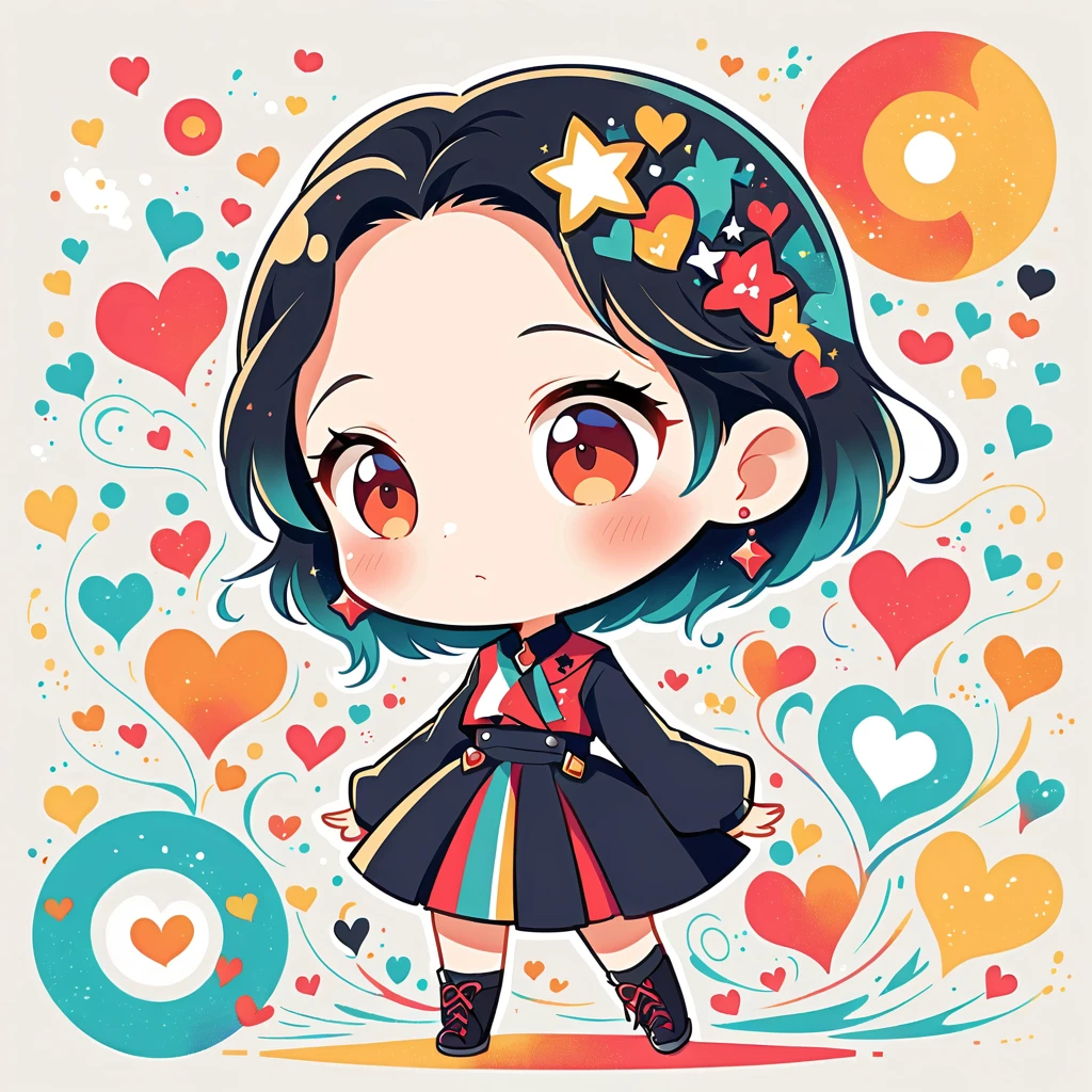 Black Star Red and White style, Simple Line Initialism,Abstract art,Urban Background, colorful hearts ,(((The most beautiful girl of all time))), (((chibi))), walking with Cute amoeba