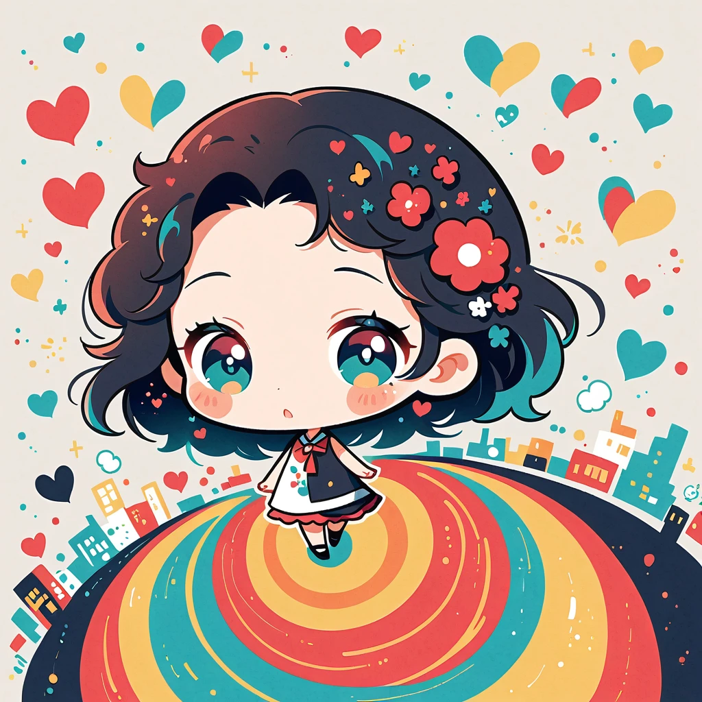 Black Star Red and White style, Simple Line Initialism，Abstract art，Urban Background, colorful hearts ,(((The most beautiful girl of all time))), (((chibi))), walking with Cute amoeba