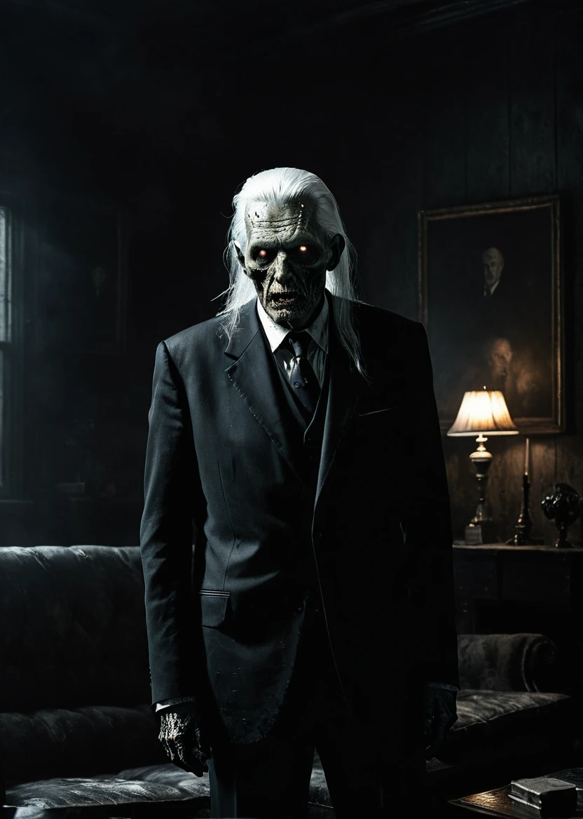 A old zombie George Watson man white hair black suit on the dark living room