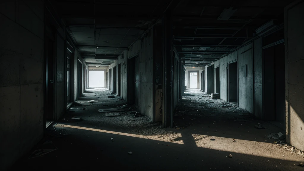 please draw an abandoned night scene. a corridor with shadows in the corners that seem to hide some creature. too dark. lots of rubbish and pieces of concrete on the floor, 4k