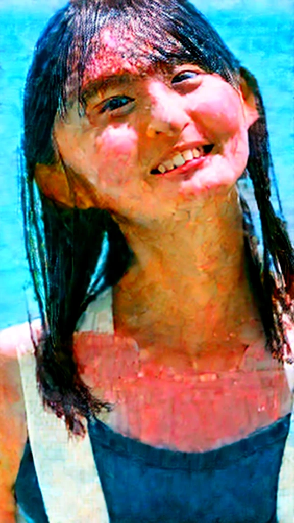 1 female,3d anime,kawaii,12year old,very long wet heir,Lustrous hair,Bob Hair,Random Poses,Random attire,Being at sea,wearing a swimming wear,(((Navy blue plain school swimsuit)))、Dark blue and one-piece school swimsuit,Square white name tag on chest,Wearing a school swimsuit,Laughing,Okinawa's seaside、White sand beach、Beautiful cobalt blue sea
