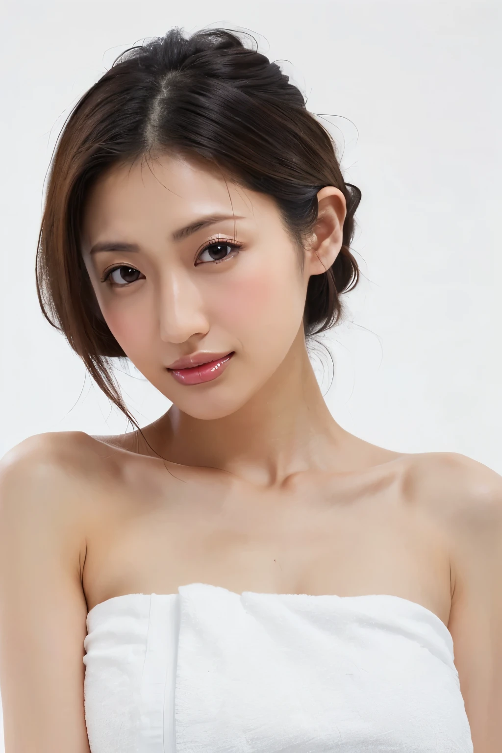 (Highest quality、Tabletop、8K、Best image quality、Award-winning works)、One beautiful woman、(Naked with a bath towel wrapped around her:1.3)、(The simplest pure white background:1.2)、(Damp Hair:1.2)、(Sweaty, damp skin:1.2)、Brightly lit face、Hot face、(Staring at me with a blank look:1.1)、(White skin:1.2)、Chignon、Very bright、Beautiful face in ultra-high definition、Ultra HD Hair、Ultra High Definition Moist, Shiny skin、Super high quality glossy lip、(Accurate anatomy:1.1)、(Big Breasts:1.3)、Slender body、(Accentuate your body lines:1.1)、(Accurate anatomy:1.2)、(Perfect beautiful bath towels:1.3)、look at me、Standing Elegantly、(Close-up of face:1.7)