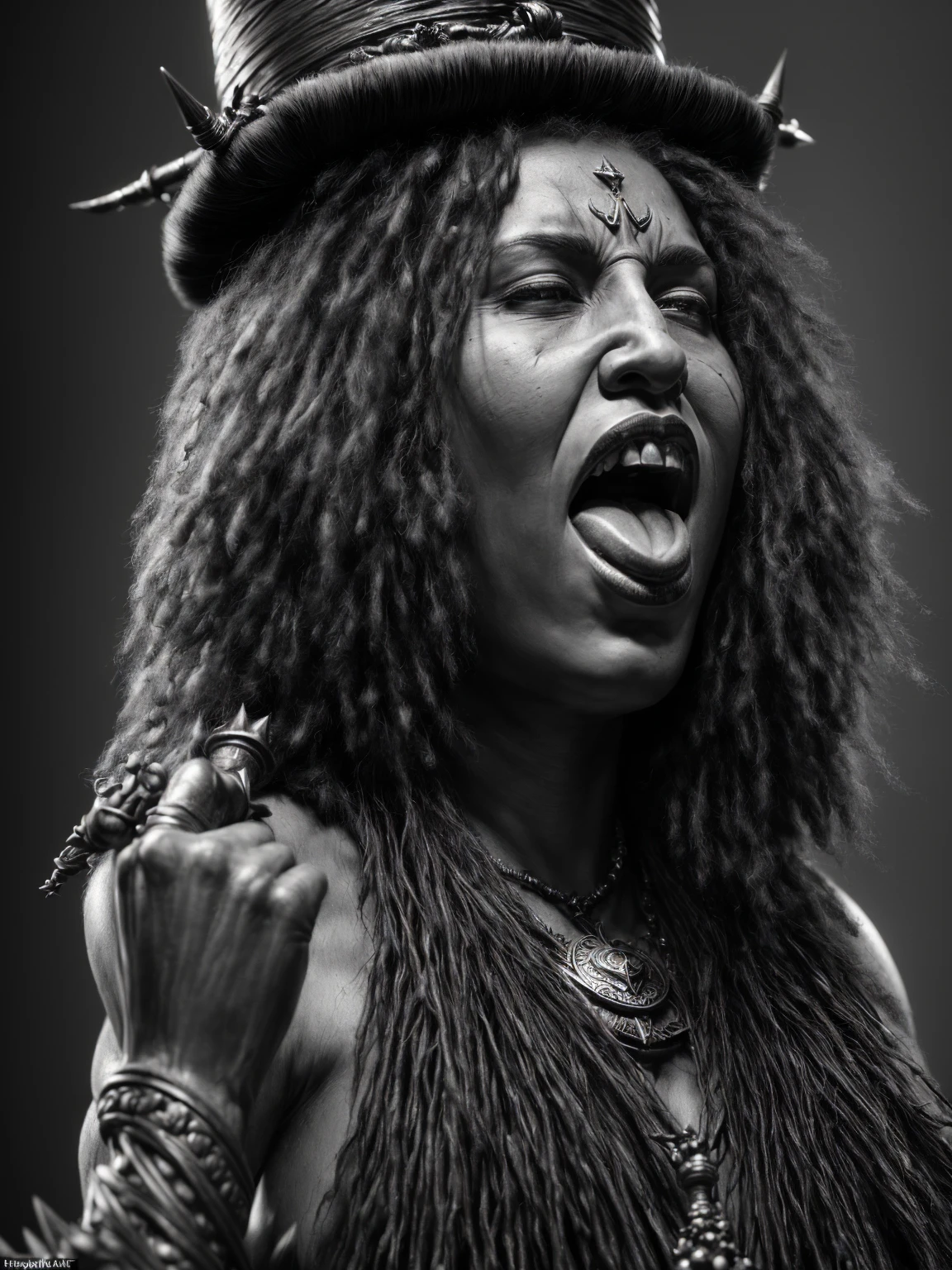 (Award-winning masterpiece:1.5), (incredible detail), (hyper realistic:1.4), (whole body:1.7), (witch chief addressing her coven), (brutal creature's head on a spike), (detailed depiction of resilience and determination), (dramatic lighting), (intricate details:1.1)