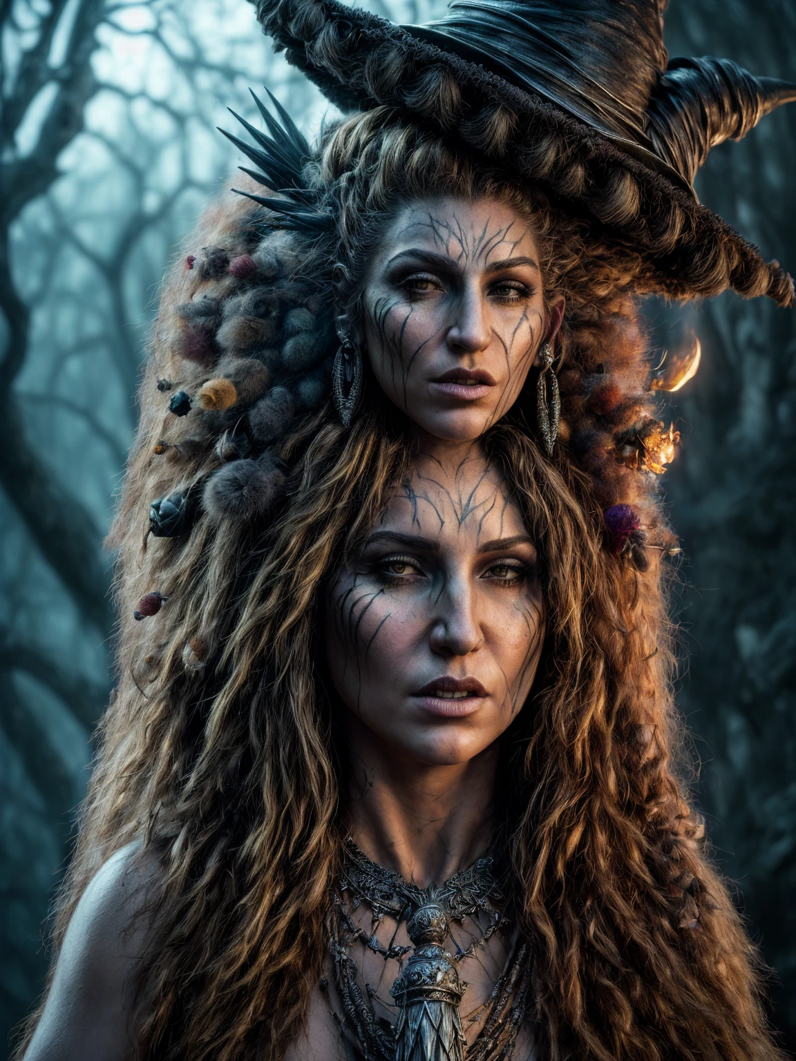(Award-winning masterpiece:1.5), (incredible detail), (hyper realistic:1.4), (whole body:1.7), (witch chief addressing her coven), (brutal creature's head on a spike), (detailed depiction of resilience and determination), (dramatic lighting), (intricate details:1.1)