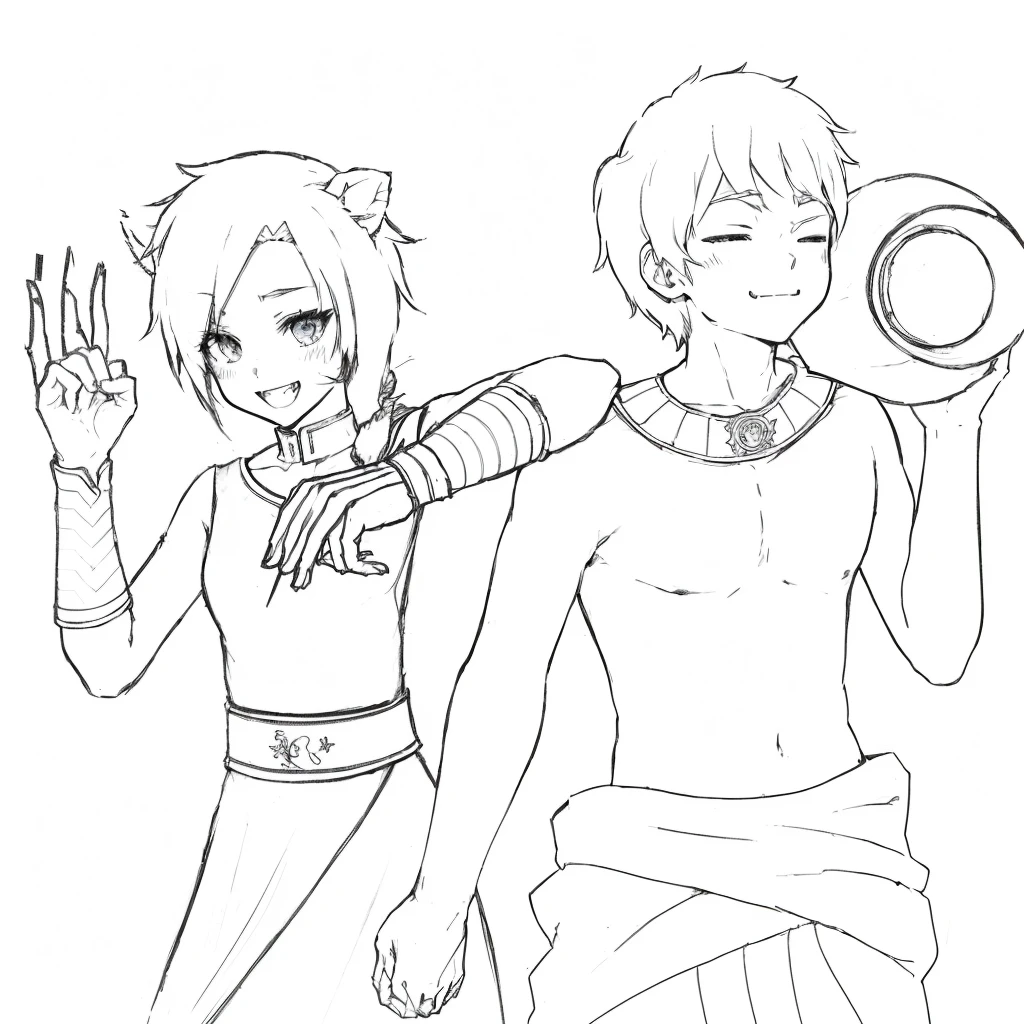 a drawing of two anime characters one is holding a jar, bold lineart, simple lineart, thick lineart, clean lineart, petros and leonid, perfect lineart, clean anime outlines, lineart, hidari and vlop, in japanese anime style, in anime style, wearing a toga, sirius a and sirius b, in an anime style, fangs, anime boy and girl