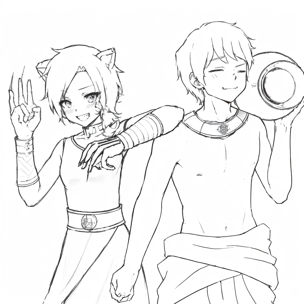 a drawing of two anime characters one is holding a jar, bold lineart, simple lineart, thick lineart, clean lineart, petros and leonid, perfect lineart, clean anime outlines, lineart, hidari and vlop, in japanese anime style, in anime style, wearing a toga, sirius a and sirius b, in an anime style, fangs, anime boy and girl