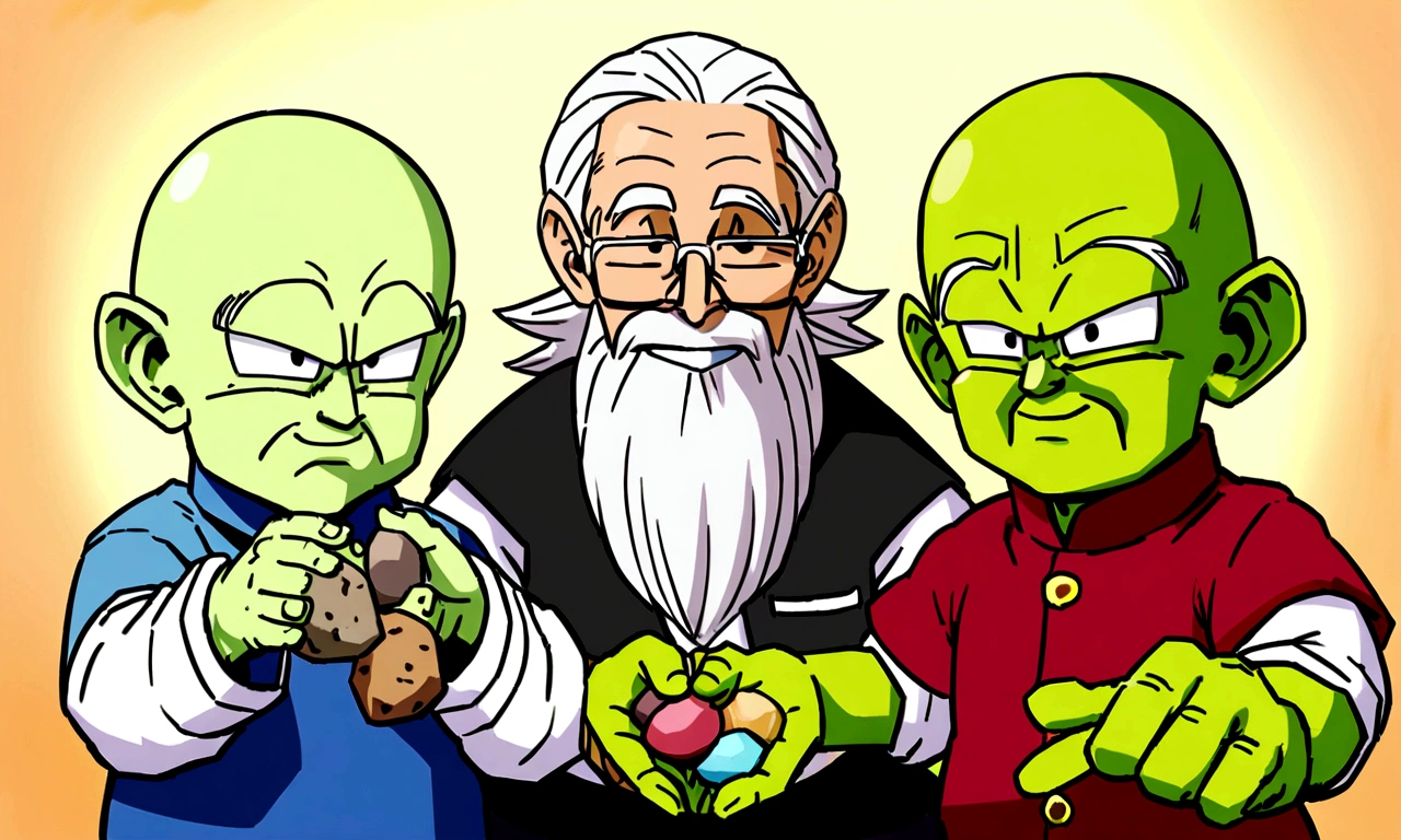 Um Namekusejin de serie Dragon Ball, Namekian Race, older, senior citizen, greenskin, we are together, small, only him, with stones in hand, old man's clothing