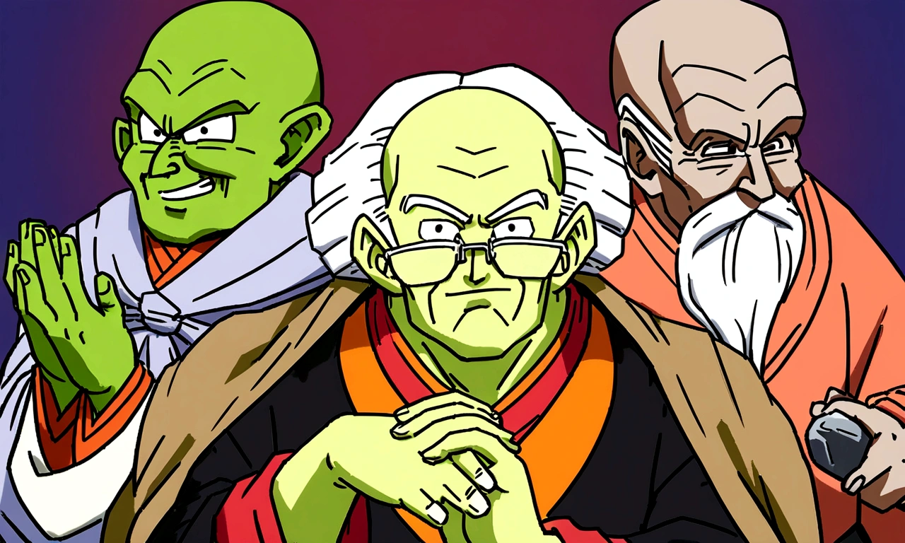 Um Namekusejin de serie Dragon Ball, Namekian Race, older, senior citizen, greenskin, we are together, small, only him, with stones in hand, old man's clothing