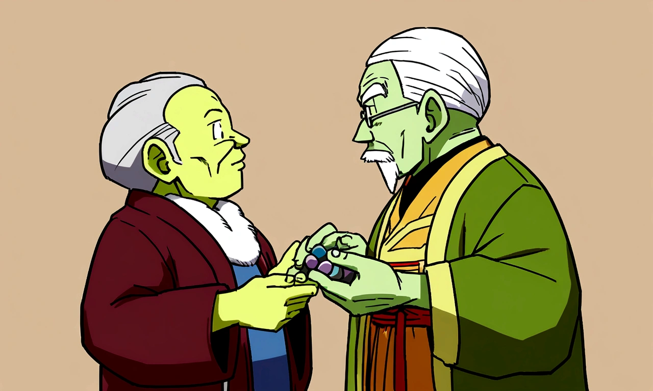 Um Namekusejin de serie Dragon Ball, Namekian Race, older, senior citizen, greenskin, we are together, small, only him, with stones in hand, old man's clothing