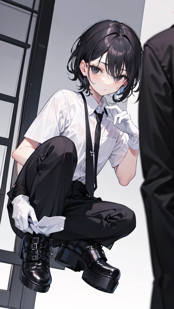 18-year-old boy，cute，Wear a white short-sleeved shirt and a black work tie，Wear black pants，Wear black booties，Wear white gloves，Black hair，Black eyes，Seductive pose