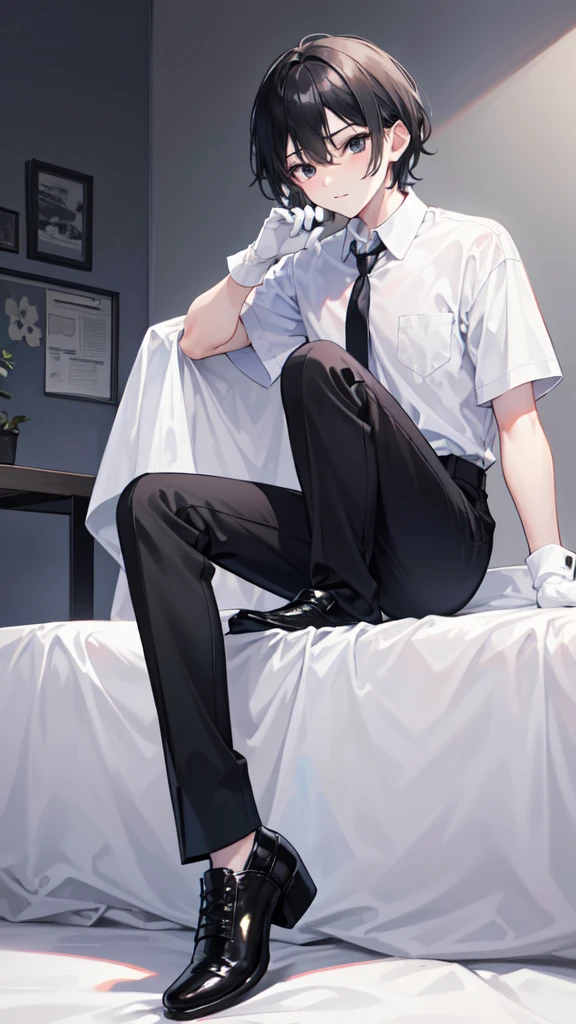 18-year-old boy，cute，Wear a white short-sleeved shirt and a black work tie，Wear black pants，Wear black booties，Wear white gloves，Black hair，Black eyes，Seductive pose