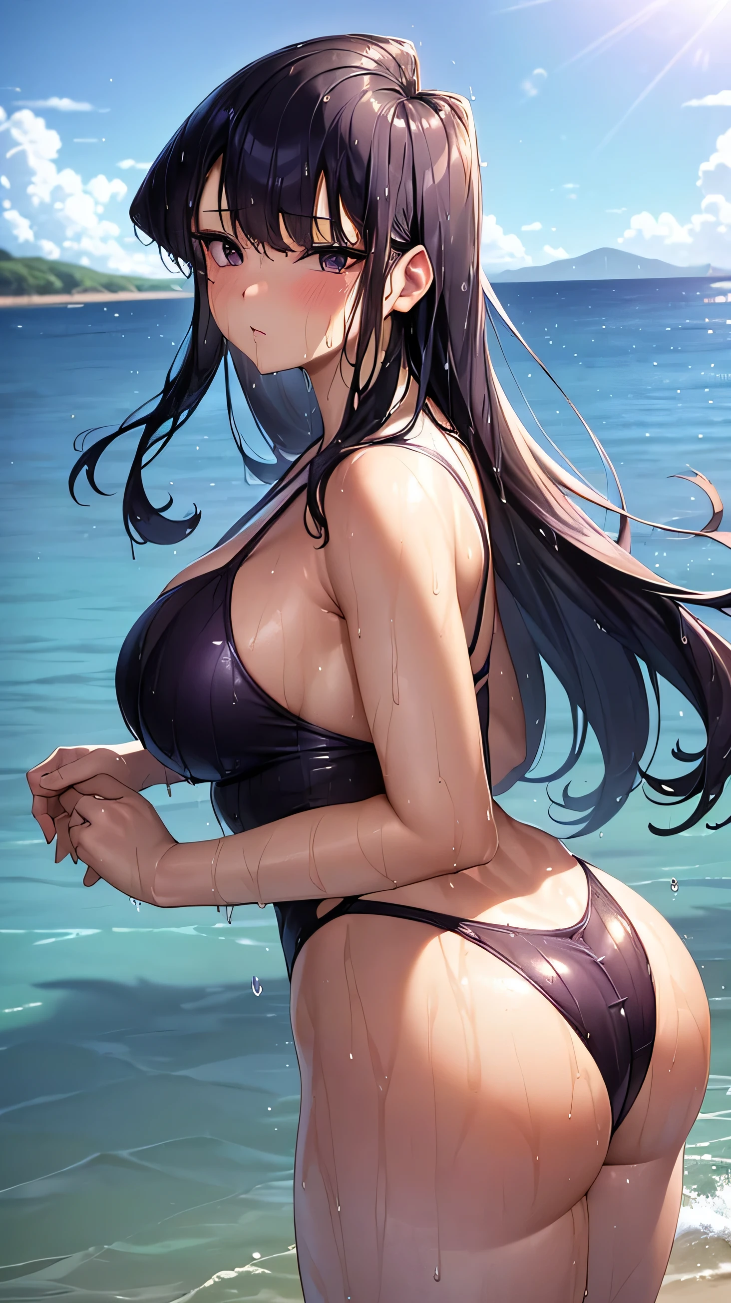 masterpiece, photo of komi shouko, purple eyes, purple hair, long hair, sidelocks, with large breasts and a huge ass and wearing a blue bathing suit on a beach with sunny weather, (wet skin and hair:1.5), (light skin), (sweating) ,(beautiful scenery),(perfect face), masterpiece, blush, 1girl, solo, smooth anime cg art