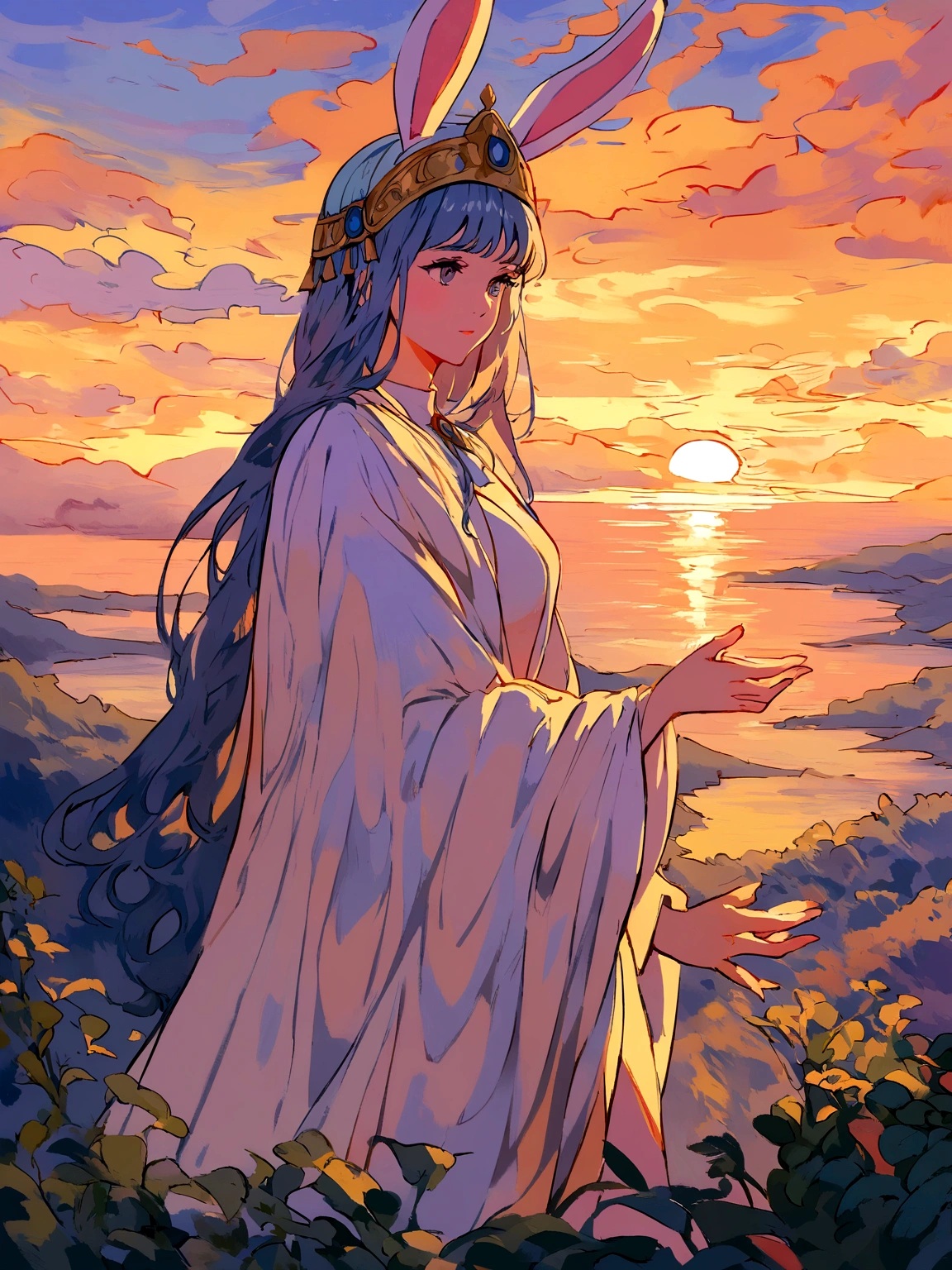 A woman with bunny ears using a greek helmet and white antiquitiy robe playing a tiara, at dawn, impressionism art style,