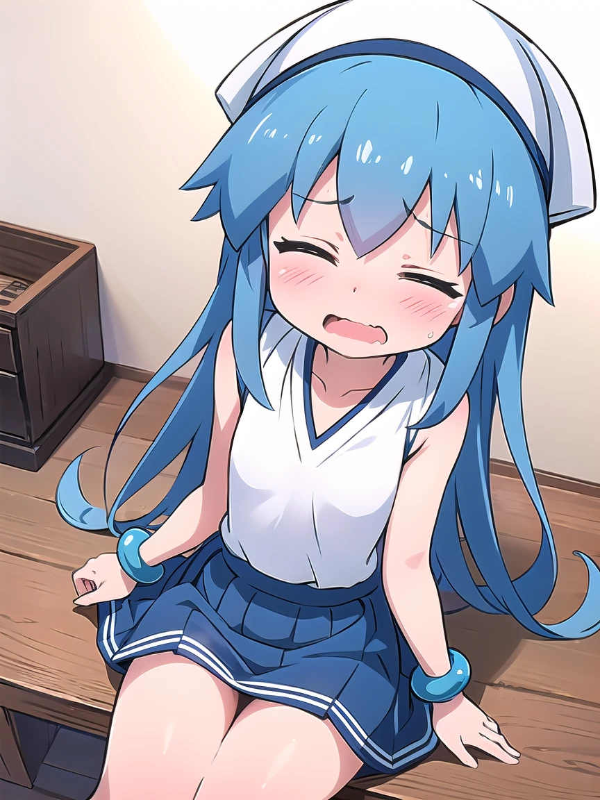 ((masterpiece, best quality)), high resolution,ultra detailed,8k,16k,detailed background, perfect lighting,detailed beautiful eyes,cute pussy,1girl,solo,nsfw,clitoris,vagina,embarrassed,blush,steam,sweat,(from above),from front,sitting,(closed eyes:1.4),hot,wavy mouth,open mouth,fisheye lens,show off pussy,(skirt lift:1.4),(ika, blue hair, tentacle hair, blue eyes, long hair,white hat, bracelet, tentacles,,short stature,slender,child_body,skinny,pale skin,small breast),seaside house,summer