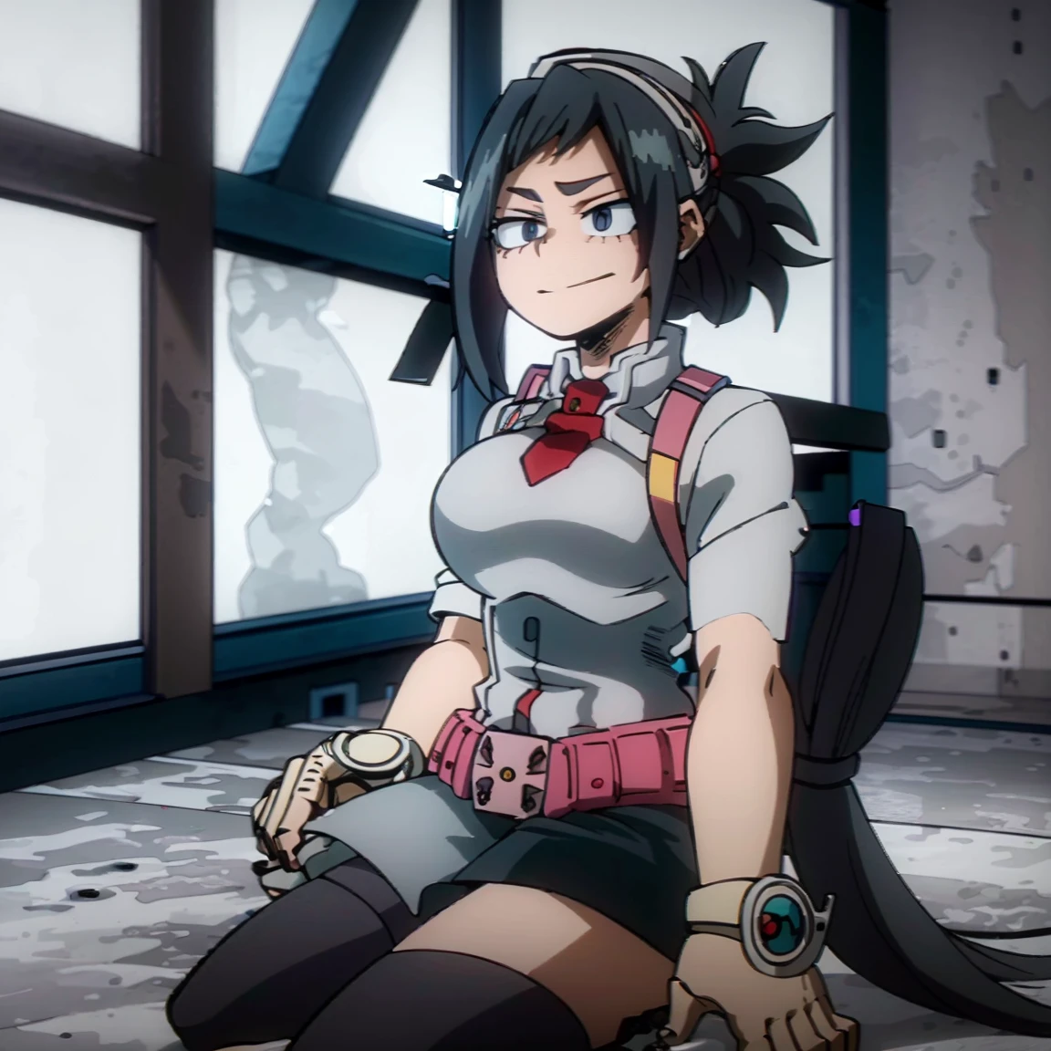 1girl, female focus, boku no hero academia, masterpiece, best quality, very aesthetic, cowboy shot, big breasts, long braid hair, dark hair, purple eyes, smirk, gray jacket, red tie, white shirt, teal skirt, gray tights, boots