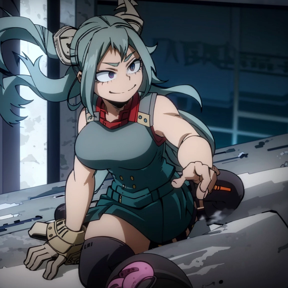 1girl, female focus, boku no hero academia, masterpiece, best quality, very aesthetic, cowboy shot, big breasts, long braid hair, dark hair, purple eyes, smirk, gray jacket, red tie, white shirt, teal skirt, gray tights, boots 