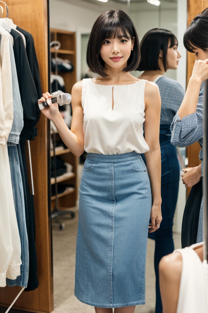 Suit, backstage at studio, talent agency manager,((full body)),((photo)),((best qualtiy, 8K, tmasterpiece:1.3)), Focus:1.2, perfect figure beautiful girl:1.4,1girl,cowboy shot,look at viewer,incredibly absurd, beautiful and cute girl with a photorealistic face, showcasing top-quality craftsmanship, Japanese woman standing in the dressing room for a commercial shoot, 20 years old, shoulder-length bob cut, thick, straight black hair with bangs, shiny black hair, large eyes, round face, long eyelashes, soft smile, thin eyebrows, small nose, glossy lips, smooth skin, fair skin, fine-grained skin, tall, slender figure, well-balanced proportions, delicate limbs, small B-cup breasts, white blouse, black tight skirt, heeled pumps, watch, earrings, pretty older woman, beautiful, neat, fashionable, cheerful, positive, curious, sociable, responsible, highly trusted by those around her, October