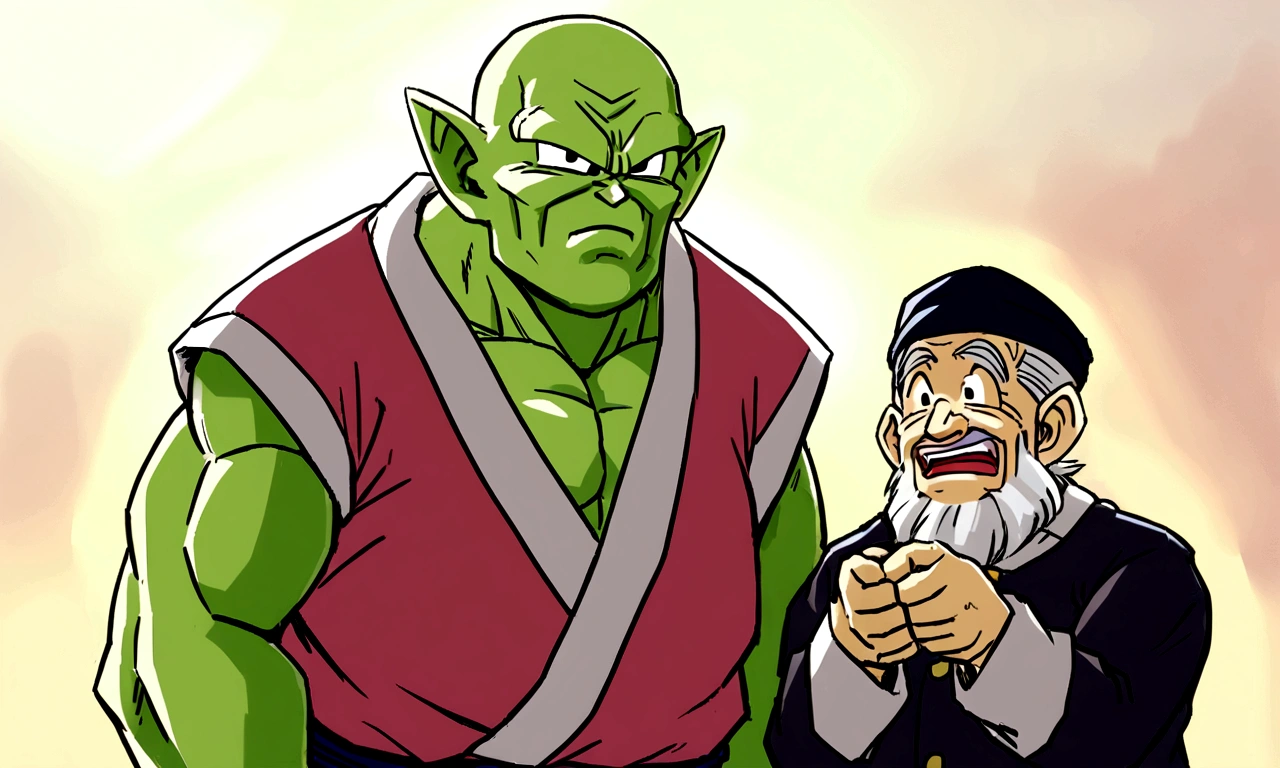 Um Namekusejin de serie Dragon Ball, Namekian Race, older, senior citizen, greenskin, we are together, small, only him, angry, with stones in hand, old man's clothing