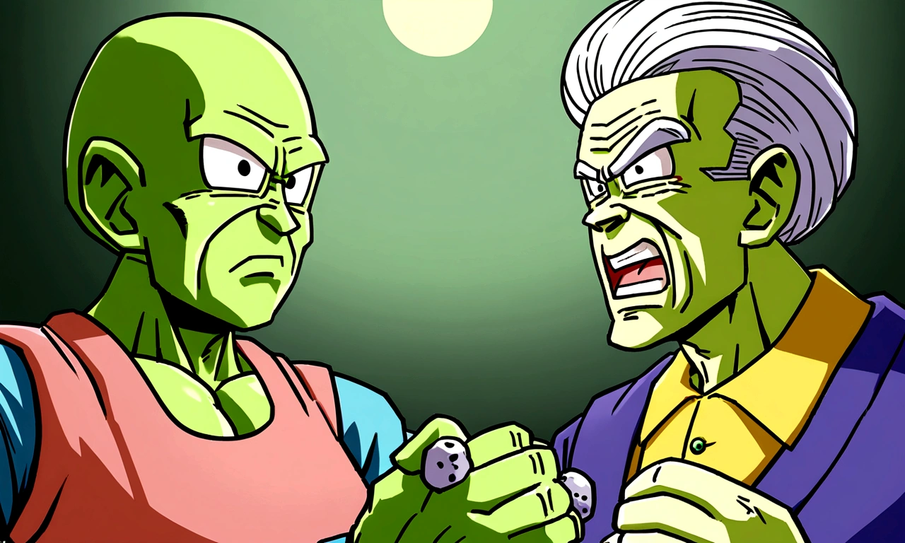Um Namekusejin de serie Dragon Ball, Namekian Race, older, senior citizen, greenskin, we are together, small, only him, angry, with stones in hand, old man's clothing