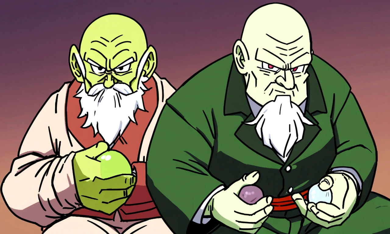 Um Namekusejin de serie Dragon Ball, Namekian Race, older, senior citizen, greenskin, we are together, small, only him, angry, with stones in hand, old man's clothing