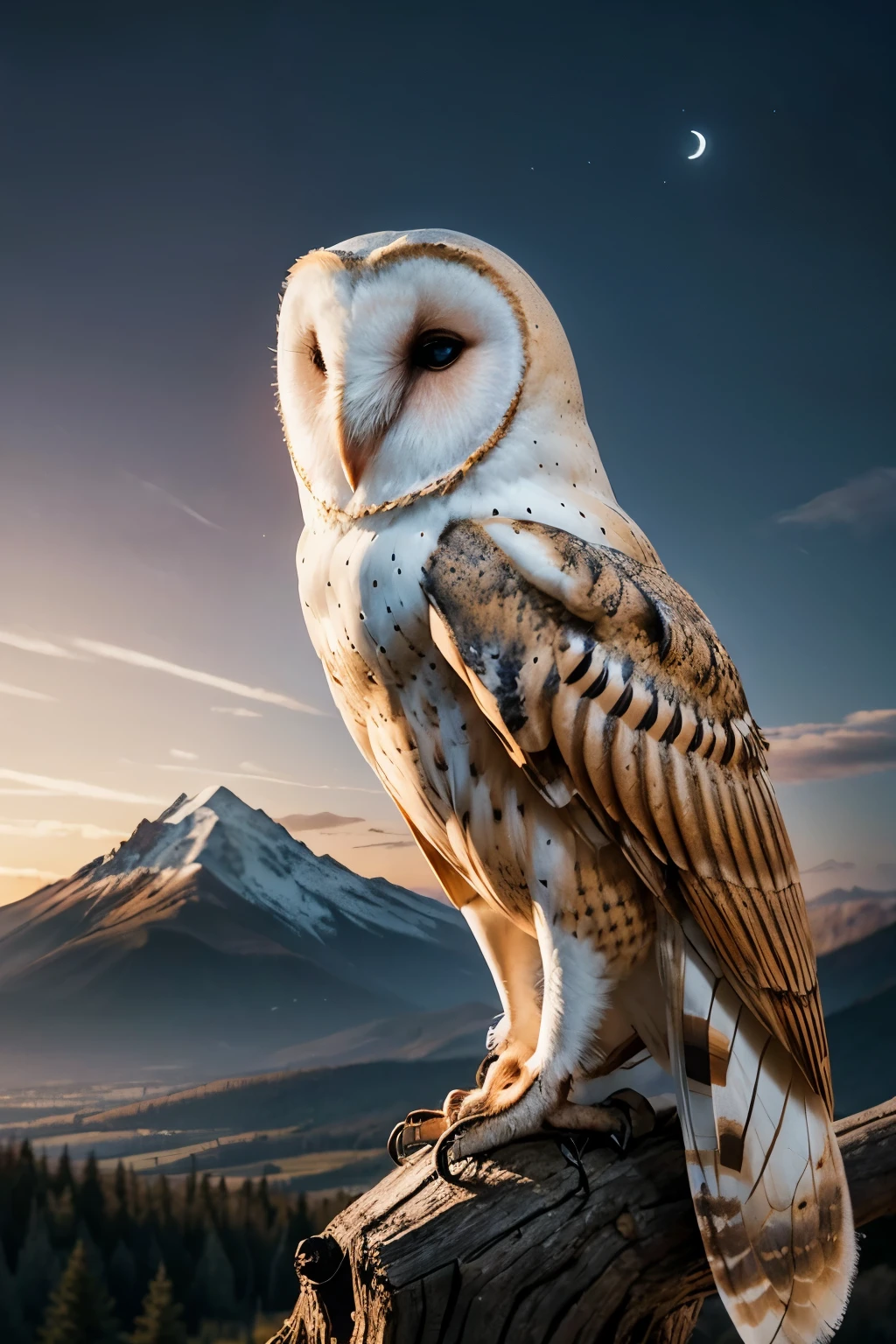 Create an imposing Barn Owl, perched on a tree branch, a mountain in the background, with a sunset, symmetrical balance, layers of depth, polarizing filter, sensation of depth, lunar glow. Incorporate elements that evoke a sense of magic and mystery.