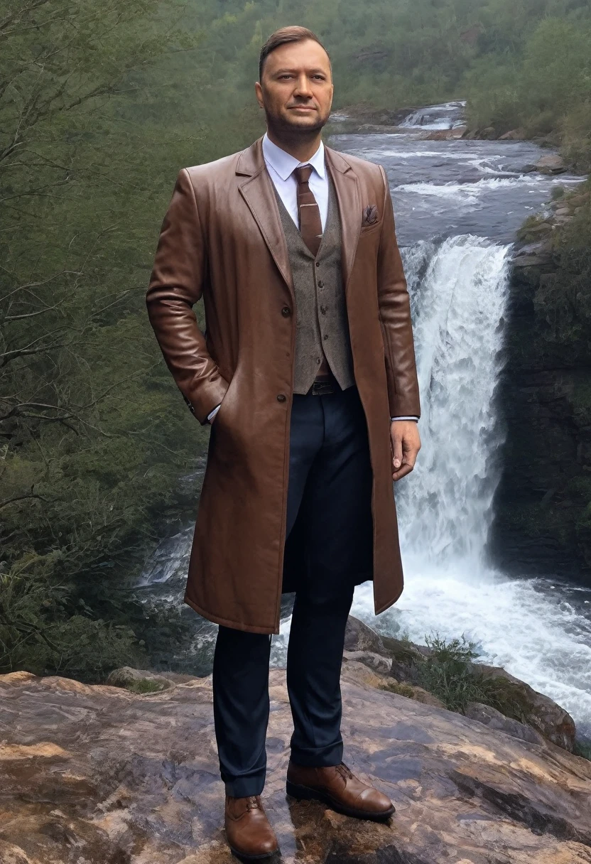 arafed man in a brown coat and tie standing in front of a waterfall, inspired by Oskar Lüthy, cinematic realistic full body outfit , inspired by Armin Hansen, closeup character full body outfit, cinematic bust full body outfit, stefan koidl inspired, wojtek fus, inspired by Daniël Mijtens, highly detailed vfx portrait of, inspired by Adolf Dietrich
