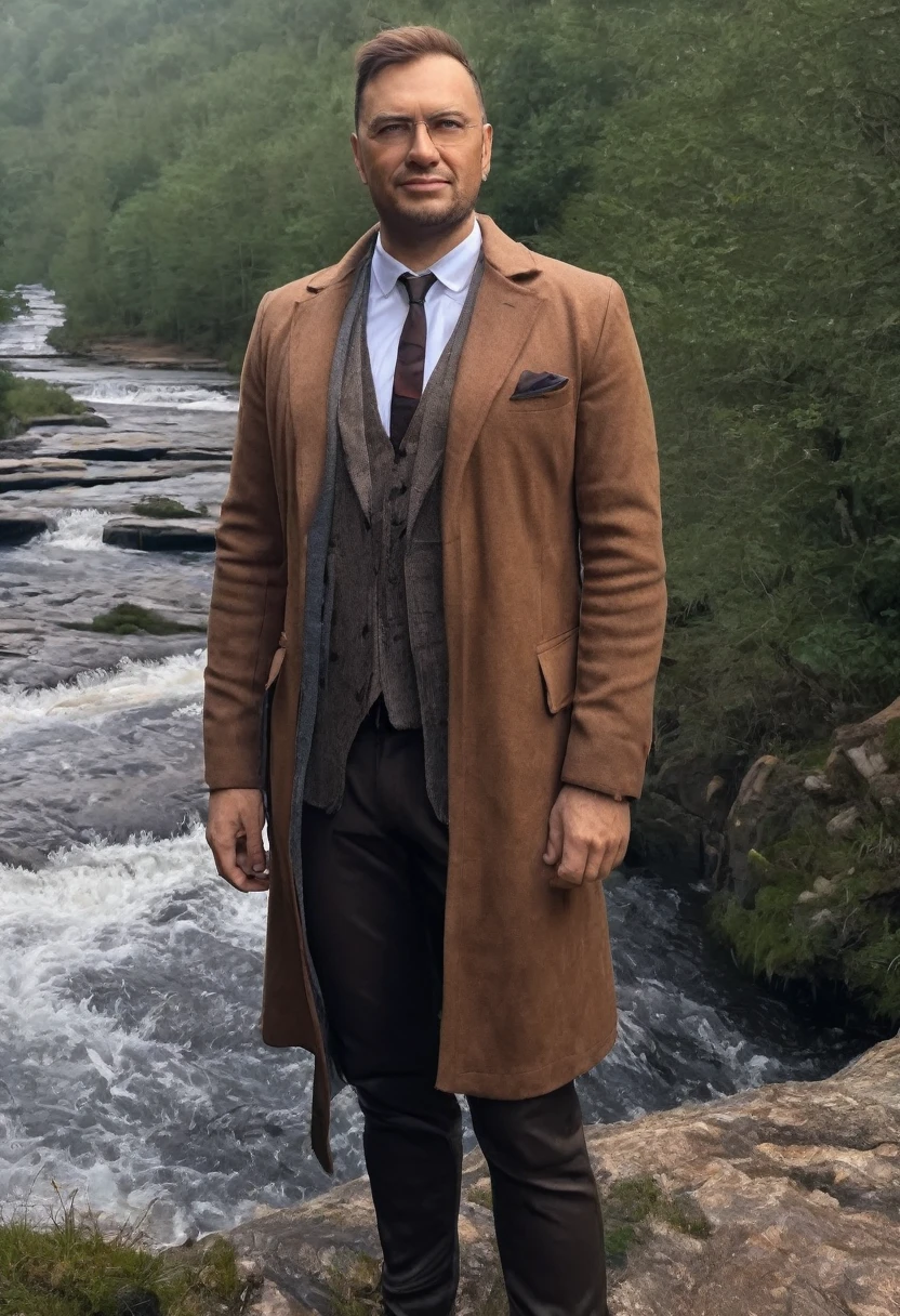 arafed man in a brown coat and tie standing in front of a waterfall, inspired by Oskar Lüthy, cinematic realistic full body outfit , inspired by Armin Hansen, closeup character full body outfit, cinematic bust full body outfit, stefan koidl inspired, wojtek fus, inspired by Daniël Mijtens, highly detailed vfx portrait of, inspired by Adolf Dietrich
