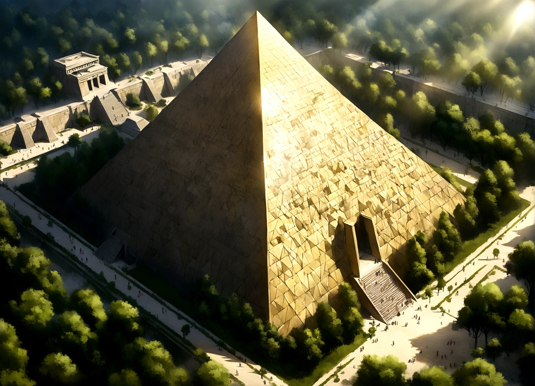 Got it, Lost city among the trees of a dense forest, great golden pyramid, shining with sunlight, Realistic photography.
