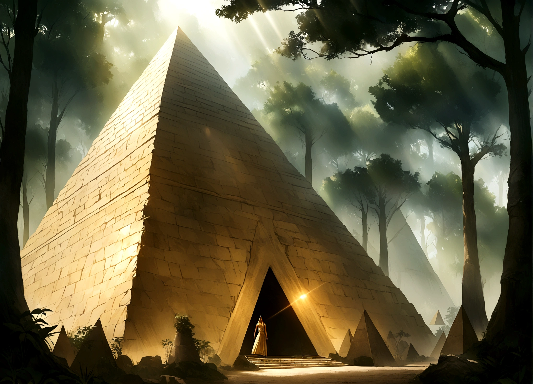 Got it, Lost city among the trees of a dense forest, great golden pyramid, shining with sunlight, Realistic photography.