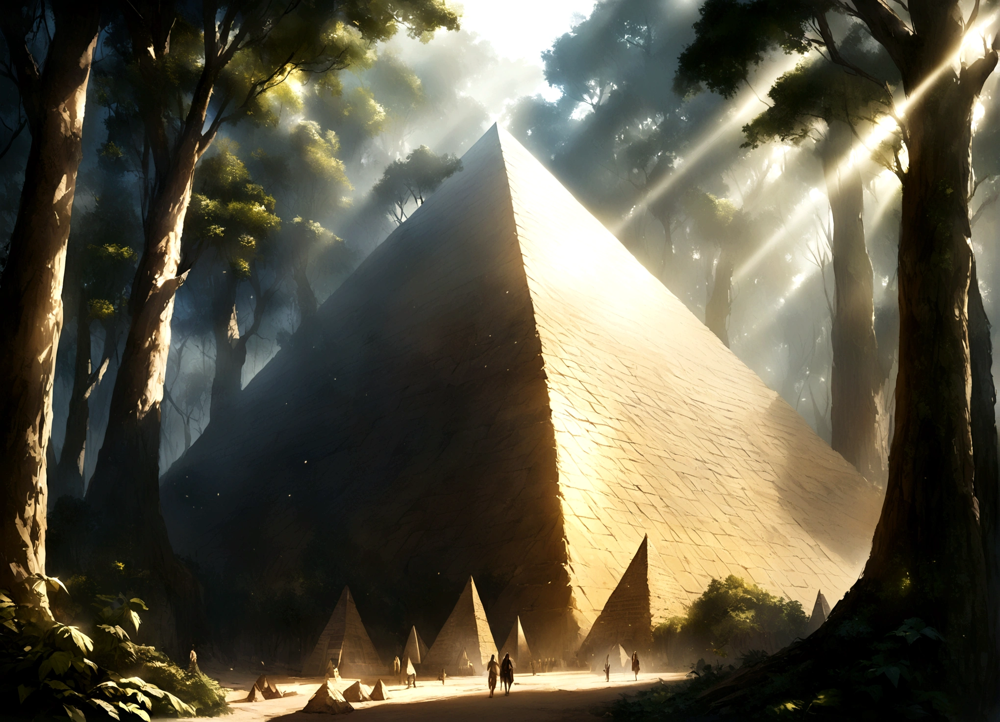 Got it, Lost city among the trees of a dense forest, great golden pyramid, shining with sunlight, Realistic photography.
