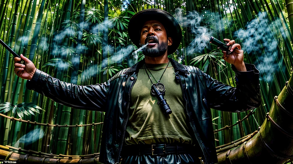 The Captain of the Forest, with an open mouth expression, uses vowels to speak -- leather jacket, long pants and hunter boots, with a straw hat, gun on waist, smoke around his body does not allow him to breathe - the captain of the forest floats in the air - in the background a bamboo grove