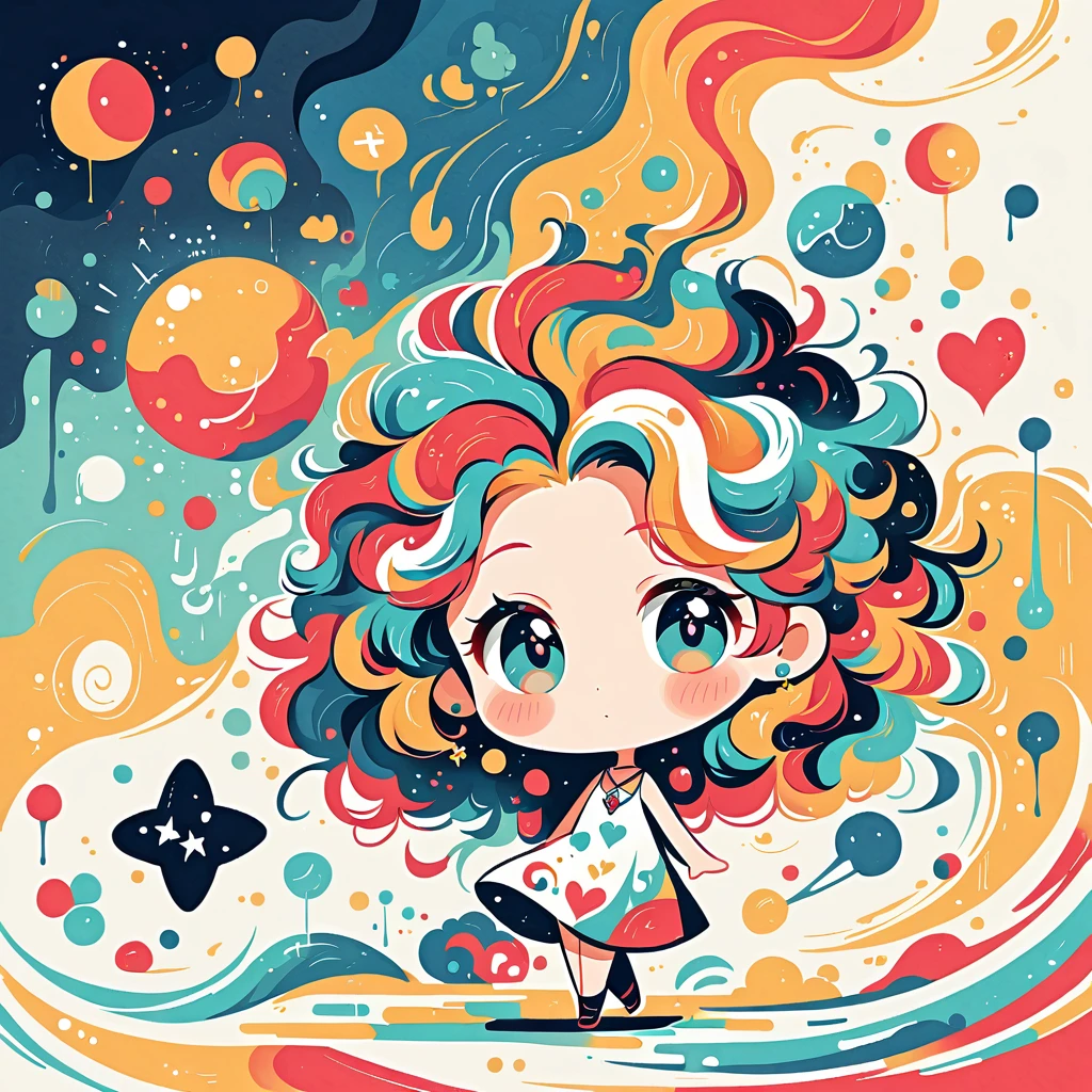 Black Star Red and White style, Simple Line Initialism，Abstract art，Urban Background, colorful hearts ,(((The most beautiful girl of all time))), (((chibi))), walking with Cute amoeba. Rain