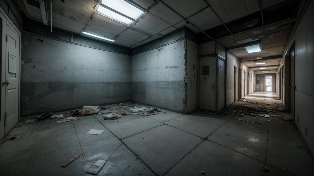 please draw an abandoned night scene. a scientific research room with shadows in the corners that seem to hide some creature. too dark. lots of trash and pieces of concrete on the floor, 4k