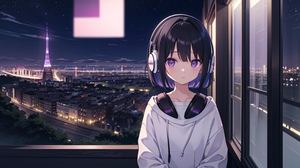 Masterpiece、super high quality、Chill、pastel colour、landscape、alone、Lonely、pretty girl、Black Hair、Bob Hair、Eyes are purple、Droopy eyes、dream-like、Wearing headphones、Late Night、City night view、Lost in Thought、super high quality、darkness、Lo-Fi