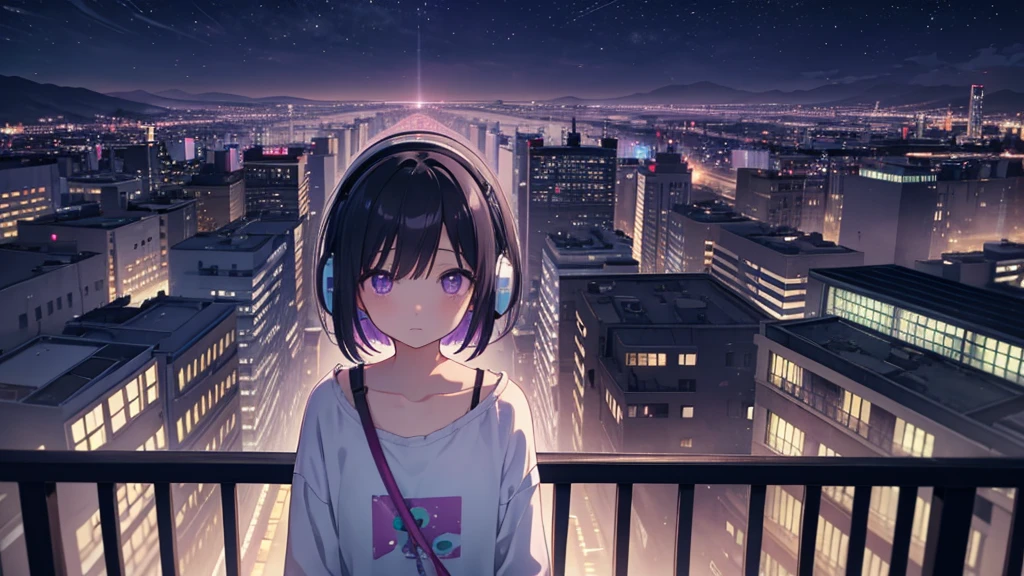 Masterpiece、super high quality、Chill、pastel colour、landscape、alone、Lonely、pretty girl、Black Hair、Bob Hair、Eyes are purple、Droopy eyes、dream-like、Wearing headphones、Late Night、City night view、Lost in Thought、super high quality、darkness、Lo-Fi