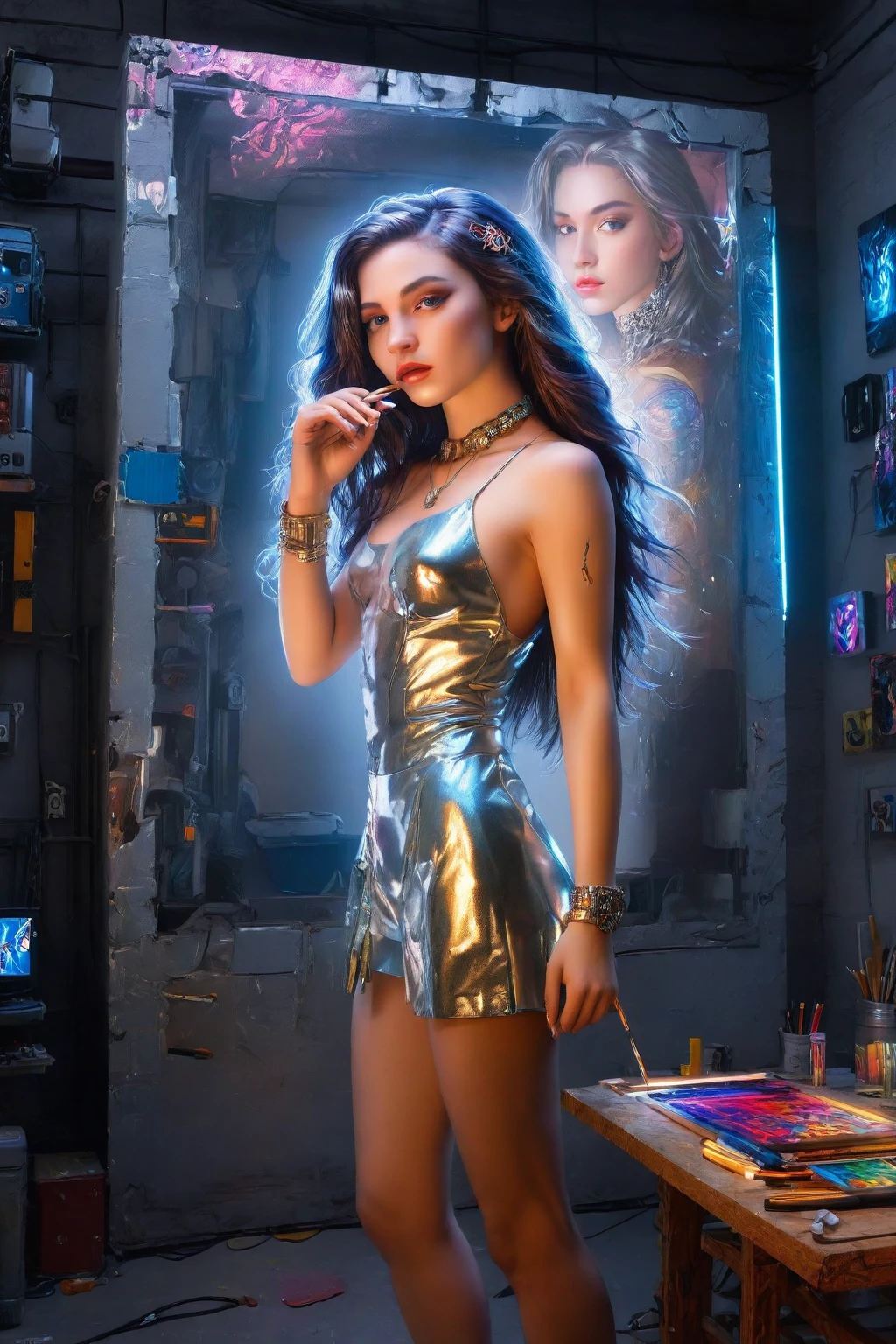 a cyborg girl standing in a large bright studio, engaged in creating a self-portrait on canvas, depicted in majestic beauty and elegance, her metallic skin reflecting light creating a play of hues like an expensive jewelry, long metal hair framing her face, bright eyes shimmering with light, staring ahead with confidence and creative inspiration, graceful pose showing off her grace, strength and fine mechanical limbs, hands holding brushes immersed in the creative process, the outline of the self-portrait with oil paints coming to life under her dexterous fingers, gaining depth and volume with bright hues and rich colors, a gorgeous and amazing scenario combining the beauty of art, power and technological advancement, beautiful shiny smooth, high quality, best quality, absurdres, masterpiece, beautiful, intricate details, 1 girl, beautiful detailed eyes, beautiful detailed lips, extremely detailed eyes and face, long eyelashes, oil painting, digital painting, hyperrealistic, cinematic lighting, dramatic lighting, volumetric lighting, photorealistic, sharp focus, ultra detailed, intricate details:1.12, HDR, intricate details, hyper-detailing:1.15, natural skin textures, hyper realistic, soft light, sharp:1.2