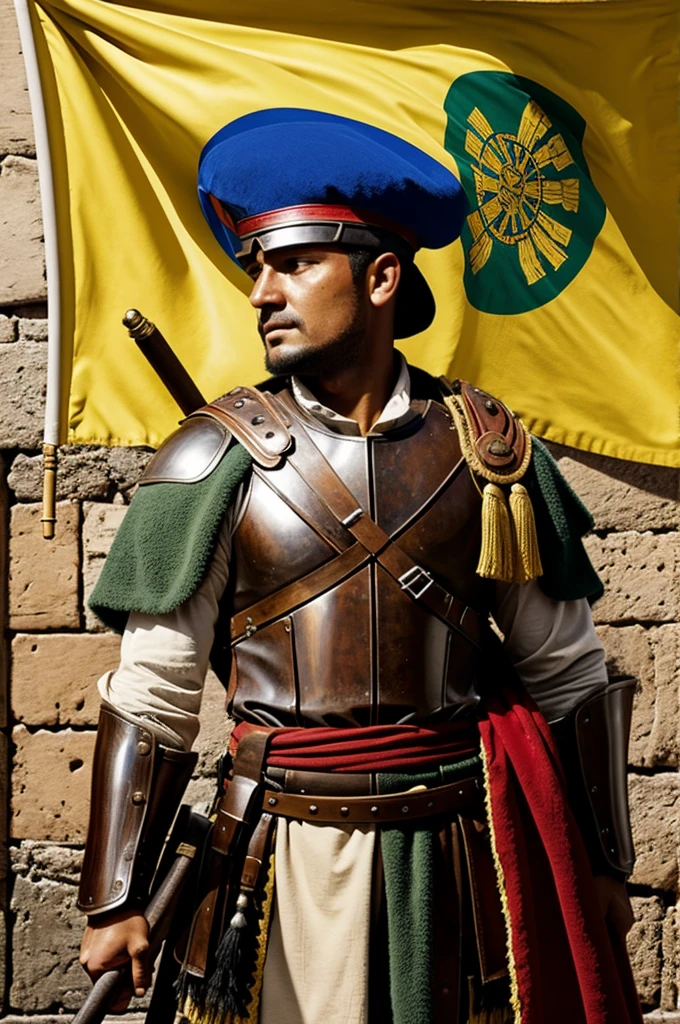 An image of a Roman soldier with the flag of Colombia