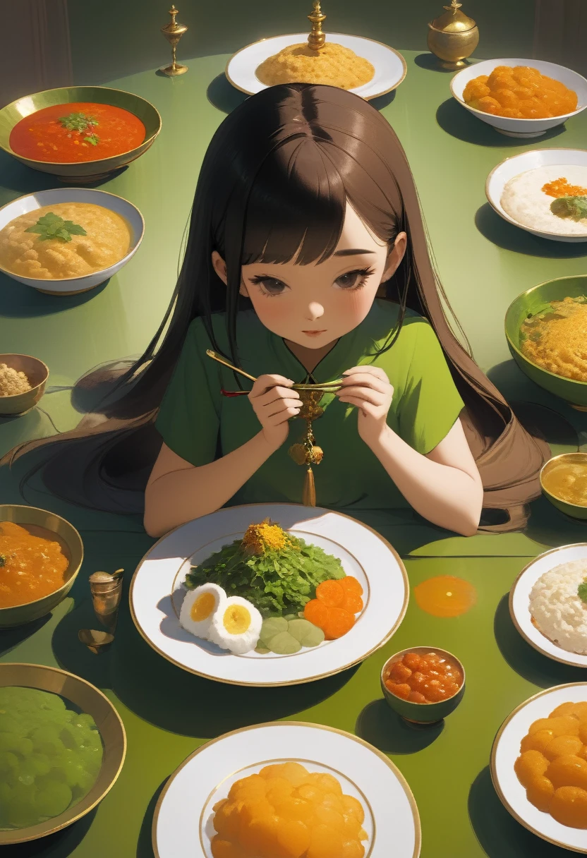 She performs specific rituals before starting to eat, how to organize food on the plate meticulously.