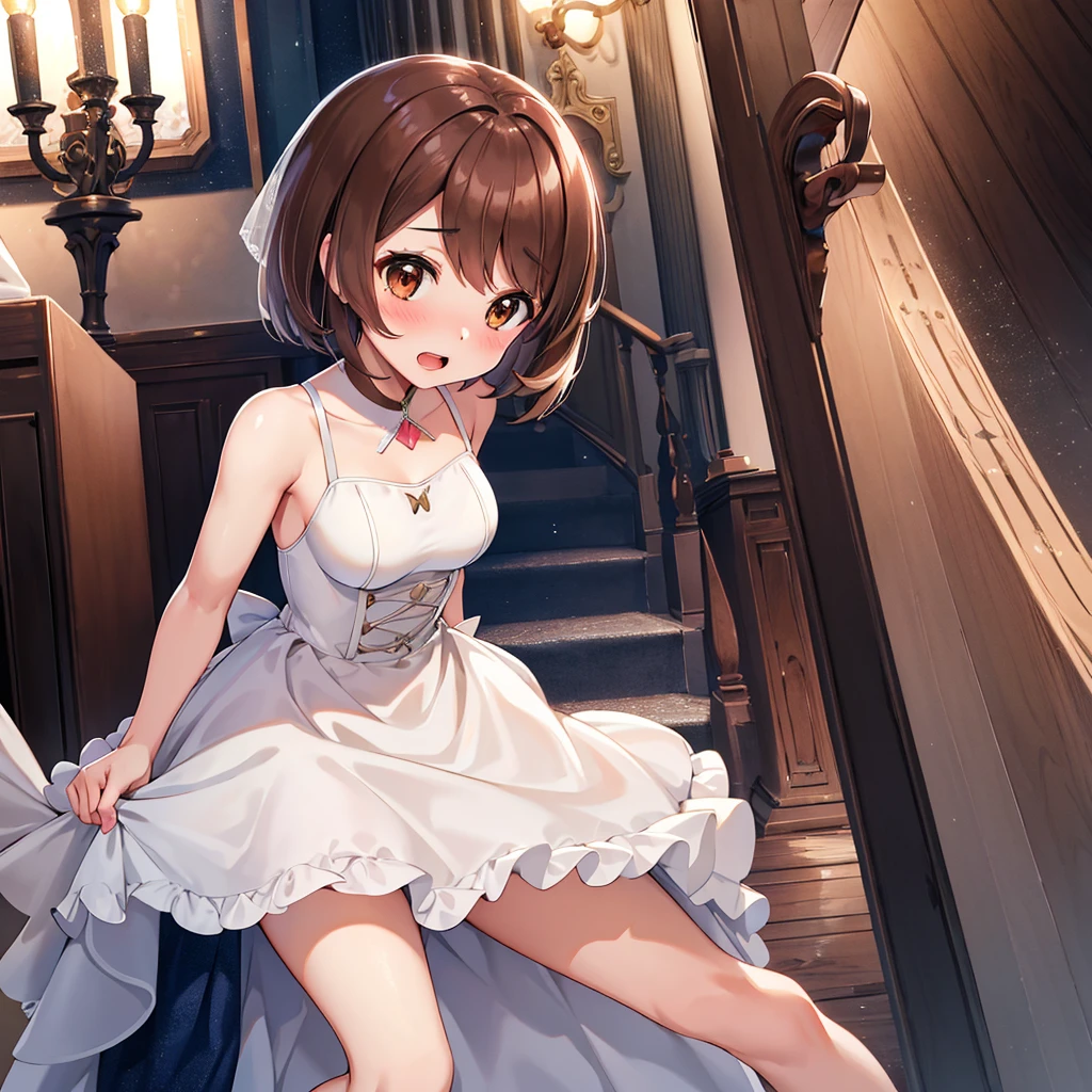 masterpiece, Highest quality, High resolution, Gloria1, 1 Girl, Gloria\(Pokémon\), Brown Hair, , Brown Eyes, , Short Hair, , Bobcut, bangs, , 　１Describe a girl carefully　１Girl　Expression in love　blush　Open Mouth　blush　church　Wedding dress（mini skirt）　breast enhancement