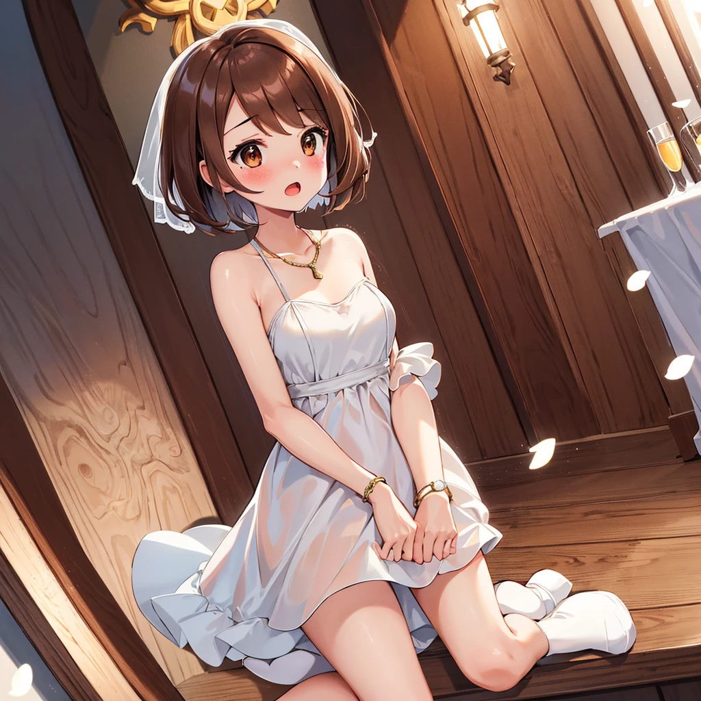 masterpiece, Highest quality, High resolution, Gloria1, 1 Girl, Gloria\(Pokémon\), Brown Hair, , Brown Eyes, , Short Hair, , Bobcut, bangs, , 　１Describe a girl carefully　１Girl　Expression in love　blush　Open Mouth　blush　church　Wedding dress（mini skirt）　breast enhancement