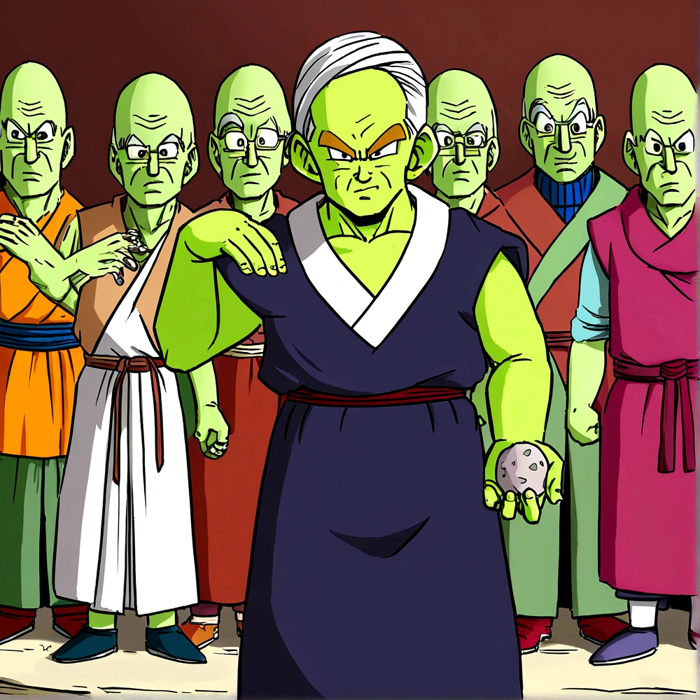 Um Namekusejin de serie Dragon Ball, Namekian Race, older, senior citizen, greenskin, we are together, small, standing alone, angry, with stones in hand, old man's clothing