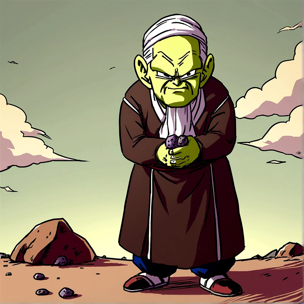 Um Namekusejin de serie Dragon Ball, Namekian Race, older, senior citizen, greenskin, we are together, small, standing alone, angry, with stones in hand, old man's clothing