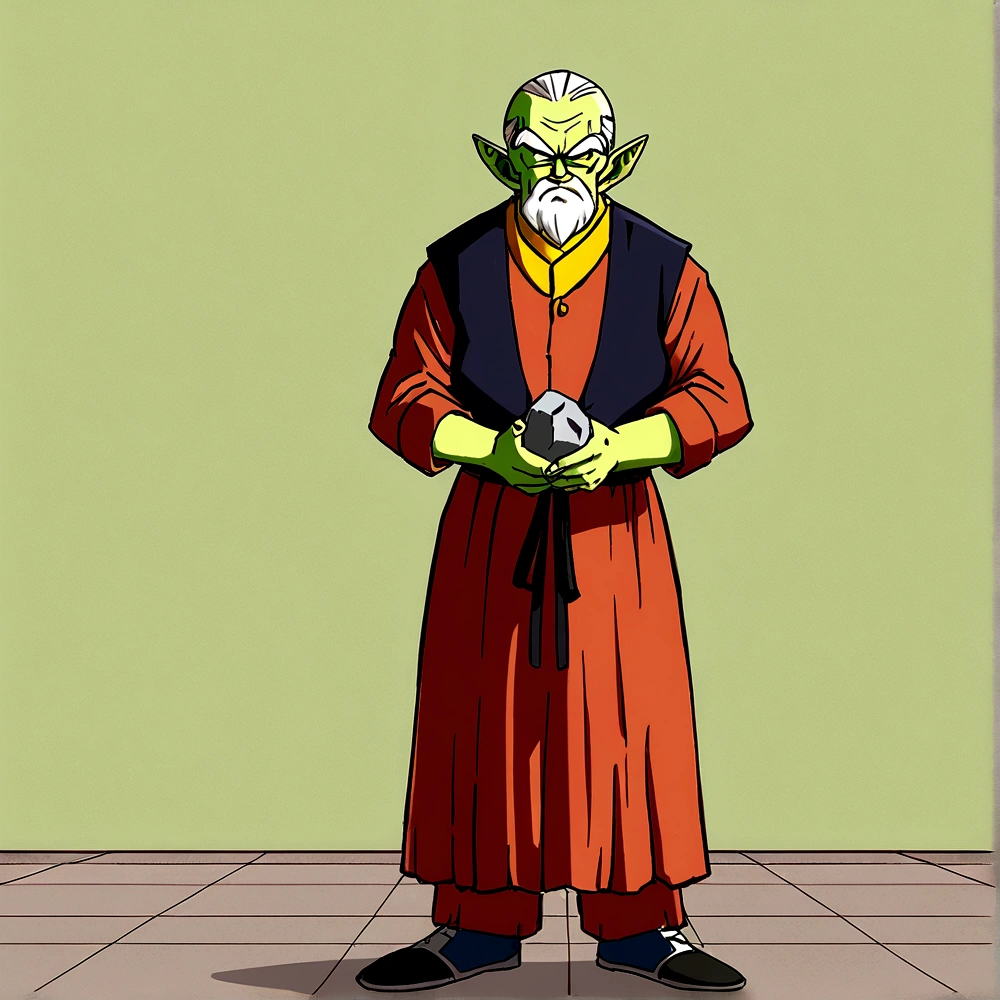 Um Namekusejin de serie Dragon Ball, Namekian Race, older, senior citizen, greenskin, we are together, small, standing alone, angry, with stones in hand, old man's clothing