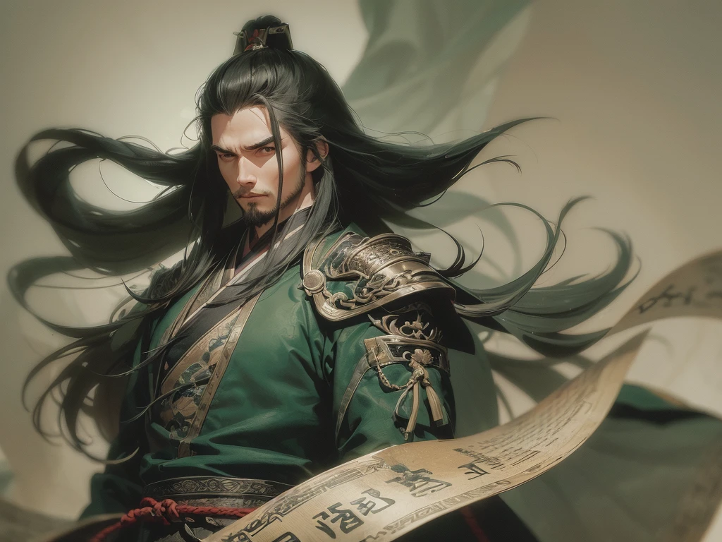 ancient china, Full-body portrait, man, long hair, Cliché, goat beard, mild, Light green Chinese armor,