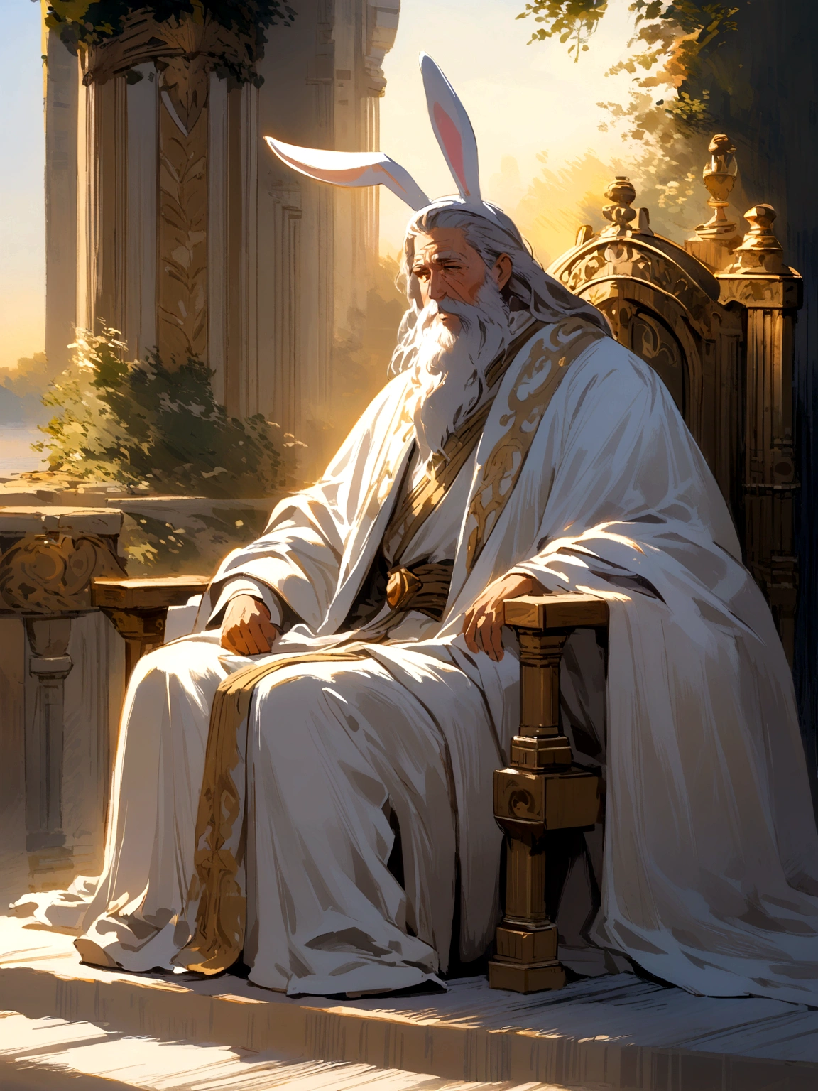 A old and wise man with a long grey beard and bunny ears wearing a antiquity white robe sitting on a throne, morning, impressionist art style.